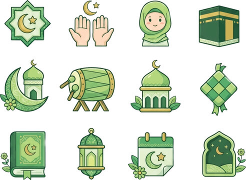 Cute Islamic Ramadan and Eid Mubarak Icon Set in Green Theme