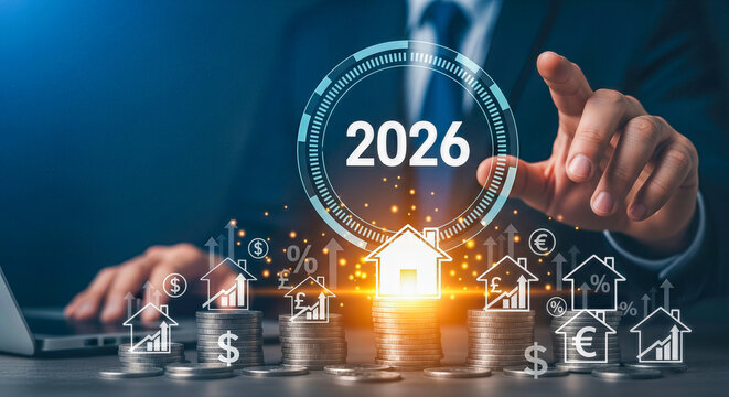 real estate investment 2026 businessman pointing digital circle house icons on money coins financial growth mortgage property banking economy market planning profit strategy home future