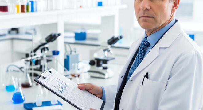 Scientist holding clipboard in laboratory with scientific equipment