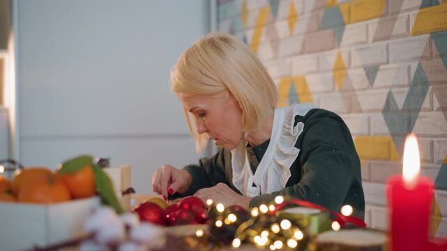 White woman wrapping christmas present at table, modern kitchen backdrop with geometric wall, festive lights and red candle, stylist hands arranging ribbons and ornaments, careful composition, warm
