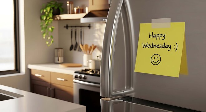 A kitchen with a refrigerator and a note on the fridge that says happy wednesday with a smiley face on a yellow sticky note