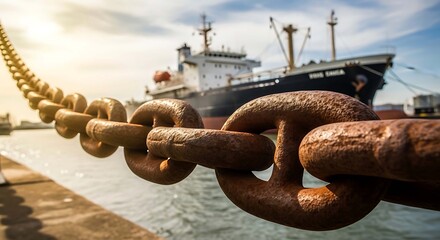 Naklejka premium Large rusty chain in foreground with a big ship docked in the background on a sunny day at the harbor