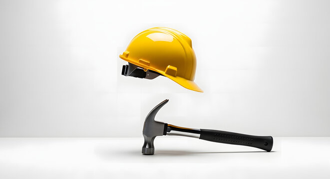 Yellow hard hat suspended above a hammer on clean white background representing construction safety