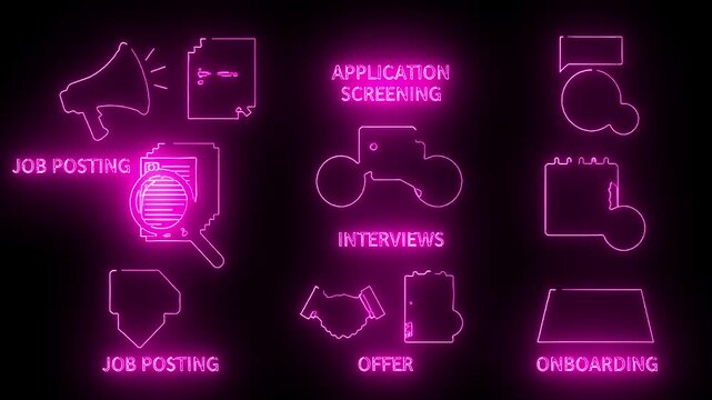 Neon-lit graphic illustrating the recruitment process with job posting, application screening, interviews, offer, and onboarding icons on a black