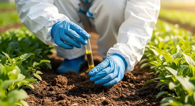 A person in a white hazmat suit and blue gloves collecting a soil sample in a test tube in a field with green plants