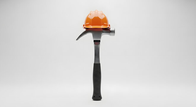 Orange hard hat resting on a hammer against a light gray studio background symbolizing building and safety