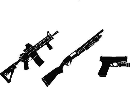 Black silhouettes of three firearms, rifle, shotgun, and handgun guns rifles handguns shotguns