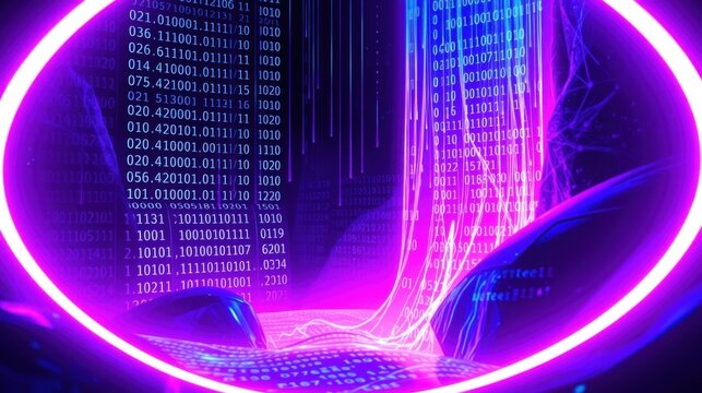 Digital sphere displays binary code, vibrant purple hues dominate background. Futuristic, technological concept.