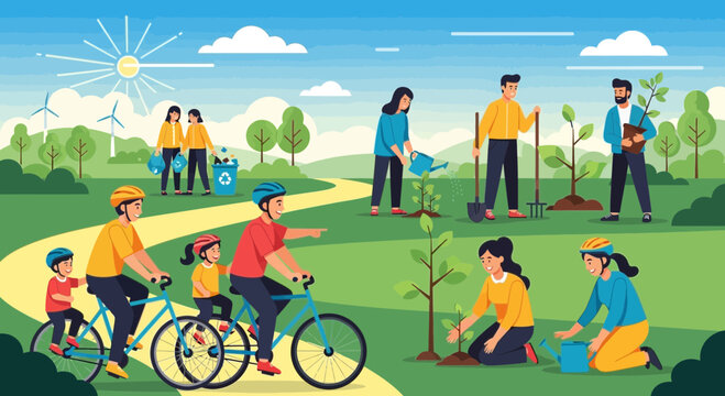 People planting trees and cycling in a park, promoting environmentalism and healthy lifestyle