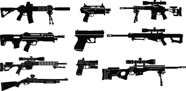 Black silhouettes of various firearms, including rifles and handguns, on white background