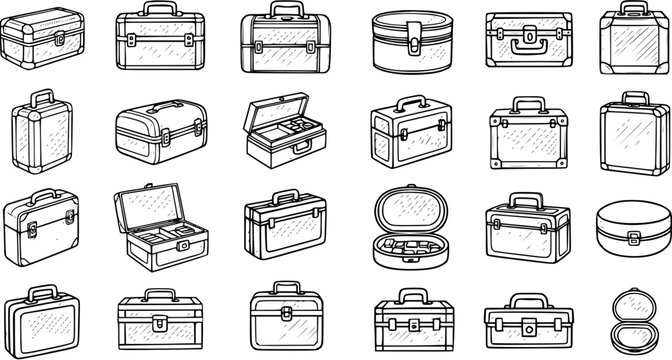 Black and White Line Art Collection of Various Luggage and Cases