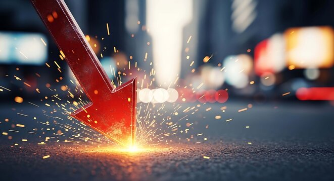 A large red arrow plunges downward with sparks flying everywhere on a city street at night with blurred lights in the background