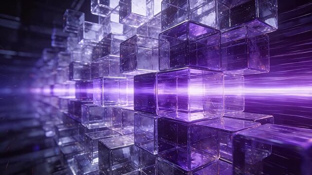 Transparent purple cubes stacked with blue light in virtual space
