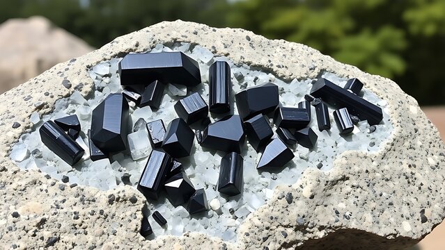 pegmatite. Granite pegmatite specimen with black tourmaline and white feldspar crystals. gardening catalogs, home-decor guides, designed for gardening and botanical catalogs, celebrates nature.