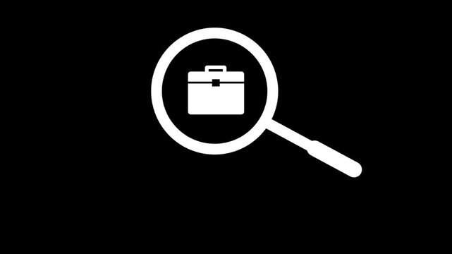Job search concept with magnifying glass and work bag icons in white outline. Symbol of career, recruitment, and employment process