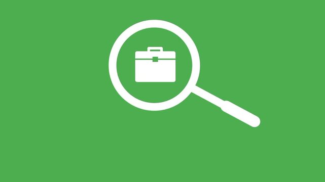 Job search concept with magnifying glass and work bag icons in white outline. Symbol of career, recruitment, and employment process