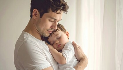 Fototapeta premium Tender Moment - Father Cradles Sleeping Baby in Gentle Embrace.