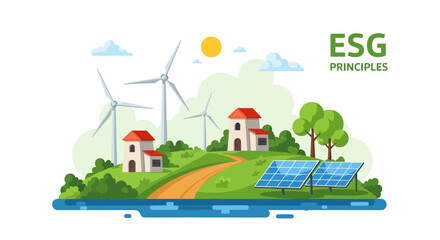 Naklejka premium Sustainable energy landscape with wind turbines, solar panels, and houses, ESG principles concept
