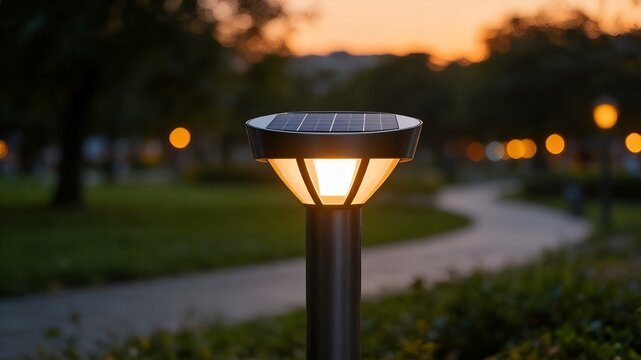 Sleek solar powered bollards on a modern apartment complex courtyard at night, providing safety and sustainable energy efficient lighting for residential communities.