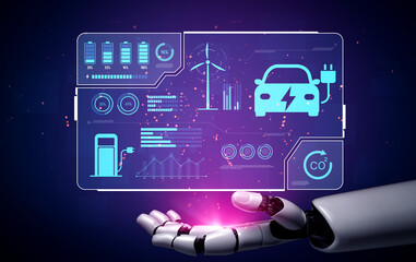 Naklejka premium AI manages EV charging dashboards by tracking battery status, optimizing renewable power use, and reducing carbon emissions through smart energy monitoring Vouch