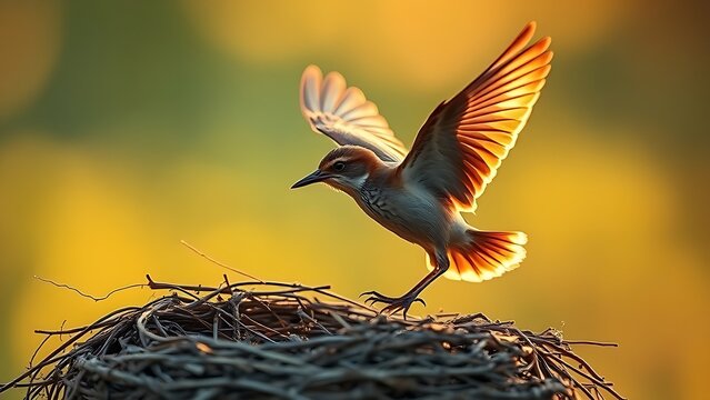 felonious. A young bird's first flight from the nest during the golden morning light. wildlife magazines, conservation campaigns, designed for nature documentaries and education.