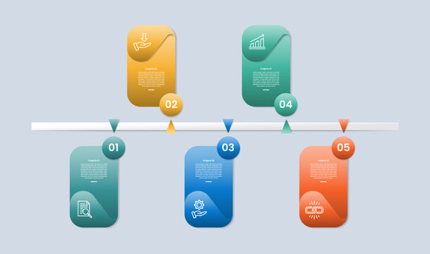 Timeline horizontal base infographic with glossy gradient style with round rectangle up and down with circle badge and folding header with five segment information