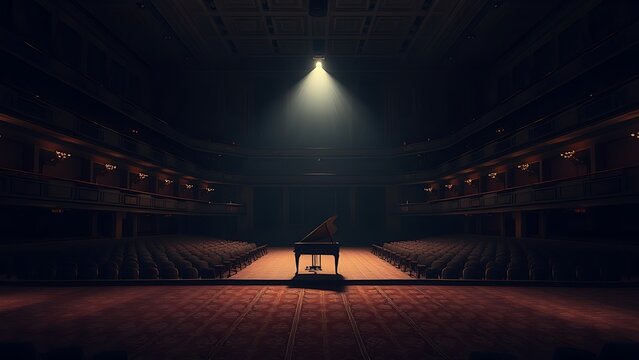 harpsichord. Empty historic concert hall with a single harpsichord on stage under spotlight. event programs, museum guides, designed for cultural heritage projects and event programs.