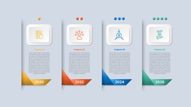 Timeline horizontal base infographic with glossy gradient style with shadow line separator with ribbon flip on footer with four segment information