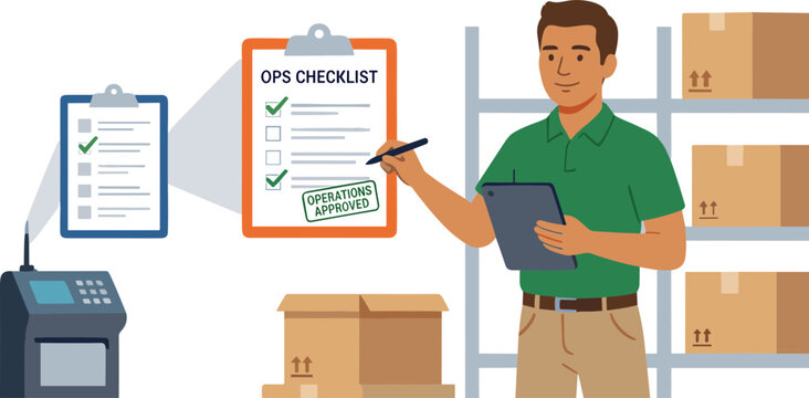 Man checks OPS checklist beside warehouse shelves and boxes