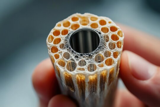 close-up of a hand holding a cylindrical honeycomb ceramic filter with metal core and textured hexagonal cells, evoking careful inspection and curiosity