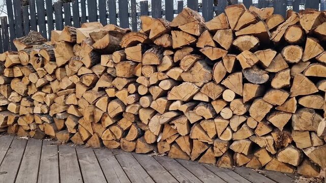 Wooden logs stacked in a pile near the fence. Firewood ready for use. Stacked wooden logs. Close-up of stacked firewood. Natural wooden background. Ecological heating concept