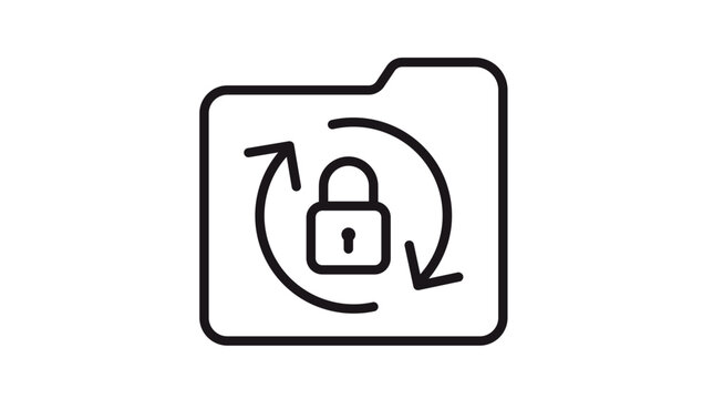 Secure data backup and synchronization vector icon illustration. A minimalist black line art symbol of a folder with a padlock and rotating arrows representing protected file updates and privacy.