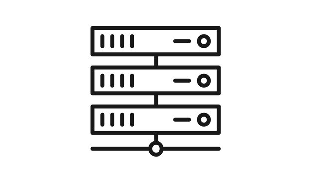 Black minimalist vector icon of a server rack or data center storage units connected to a network bus, representing cloud computing, database management, and information technology infrastructure.