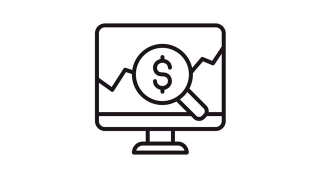 Financial analysis vector icon featuring a computer monitor with a line graph and a magnifying glass over a dollar sign, representing market research, investment tracking, and data analytics.
