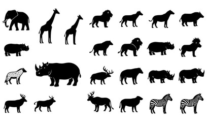 Wild Animals Black Silhouette Vector Set Elephant Giraffe Lion Zebra Rhino Hippo Hyena Animal Icons Collection © MdShojib