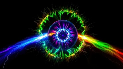 Fototapeta premium Vibrant fractal eye design. Colorful energy radiates outward from central pupil, creating dynamic visual effect. Dark background enhances luminosity.