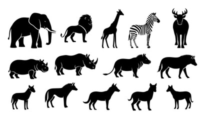 Black Silhouette Animal Icon Set Wild Safari Animals Elephant Lion Giraffe Zebra Rhino Hippo Vector Collection © MdShojib