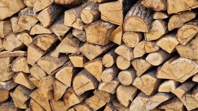 Wooden logs stacked in a pile near the fence. Firewood ready for use. Stacked wooden logs. Close-up of stacked firewood. Natural wooden background. Ecological heating concept