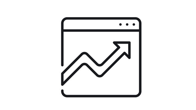 Black line vector icon illustration of a browser window with an upward trending arrow, symbolizing business growth, web analytics, SEO progress, data analysis, and digital marketing success.