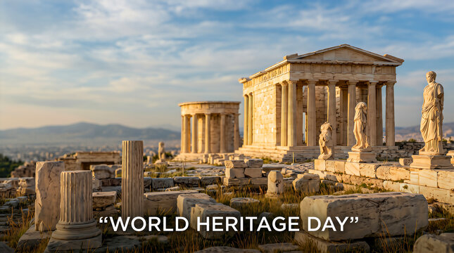 Ancient Greek ruins of the Parthenon and Temple of Athena Nike at sunset, showcasing the historical significance for World Heritage Day celebration in Athens, Greece