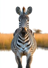 Obraz premium Front-facing zebra standing by shallow water in golden grassland, calm attentive gaze and bold black-and-white stripes