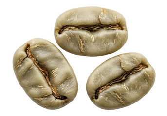 Obraz premium Three whole coffee beans with visible texture and natural color variations isolated on transparent background