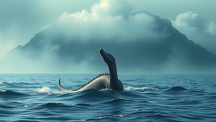 Fototapeta premium plesiosaur. Plesiosaur emerging from a deep blue prehistoric ocean with a misty volcanic background. wildlife magazines, conservation campaigns, designed for nature documentaries and education.