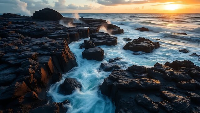 meson. Lava meeting ocean, forming black volcanic rock with rising steam at sunset. inspiring travel planning, travel magazines, designed for travel destination branding, used by nutritionists.