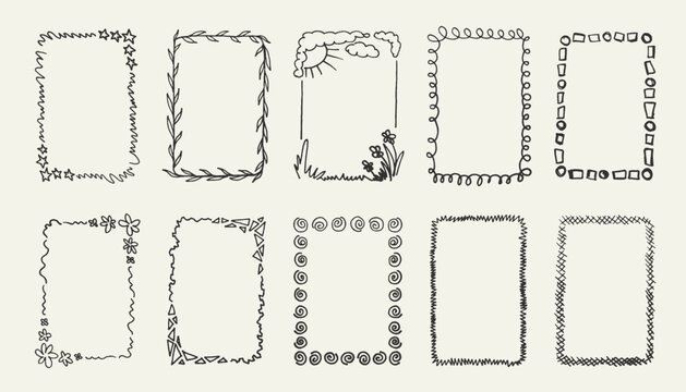 Hand drawn rectangle frames collection. Black borders with doodle scribbles. Funny crayon frame vector set