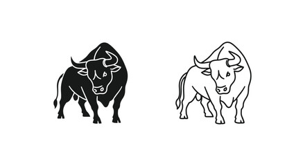 Fototapeta premium Bull icons, black and white line art, animal symbols, vector illustrations