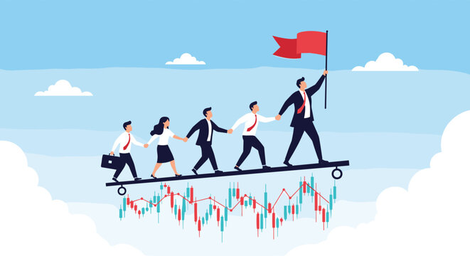 Confident business team following a leader on a floating path above a stock market candlestick chart and clouds.
