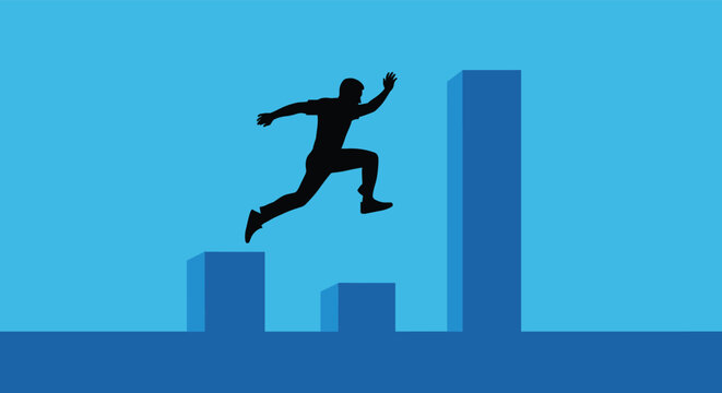 Dynamic silhouette of a person jumping across blue bar chart columns to reach the highest level of achievement.