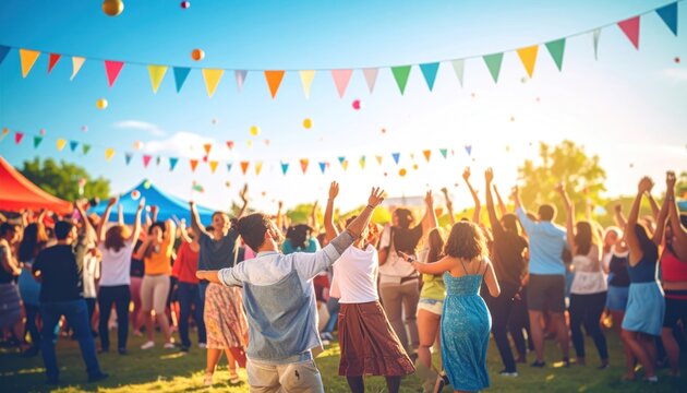 Vibrant Outdoor Festival Crowd Celebrating Under Colorful Bunting and Balloons.