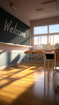 Empty classroom with chalkboard displaying welcome message representing education and back to school concept.